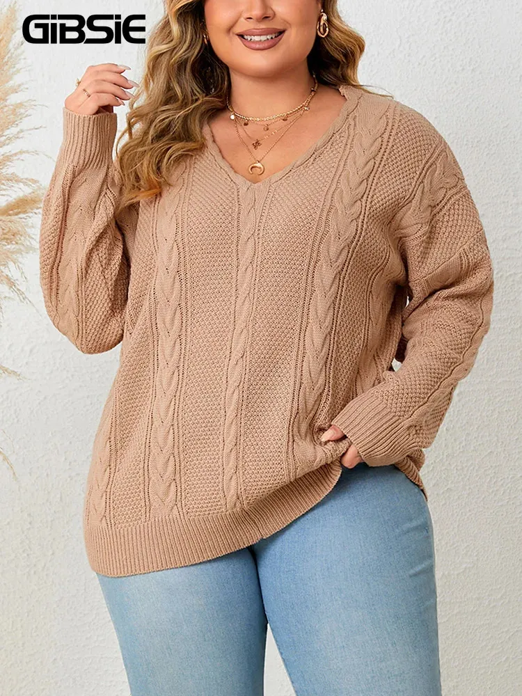 GIBSIE grande taille décontracté col en V câble tricot chandails femmes couleur unie goutte à manches longues pull ample pull automne hiver 240122