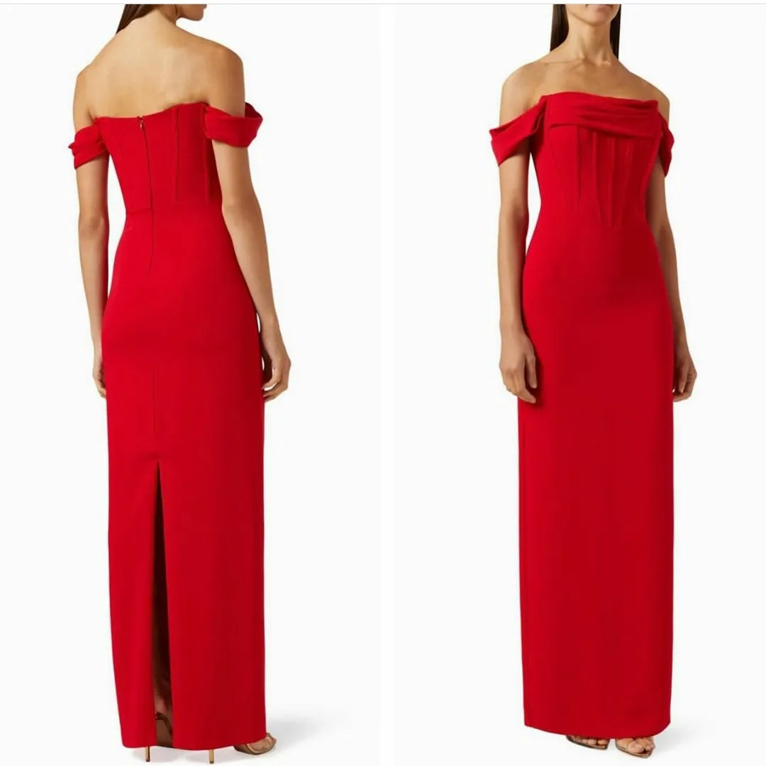 Eleganckie długie czerwone sukienki z czerwonej krepy z tylną szczeliną pochwę z ramion plisowana zamek błyskawiczny podłogę Długość balowa sukienki imprezowe dla kobiet