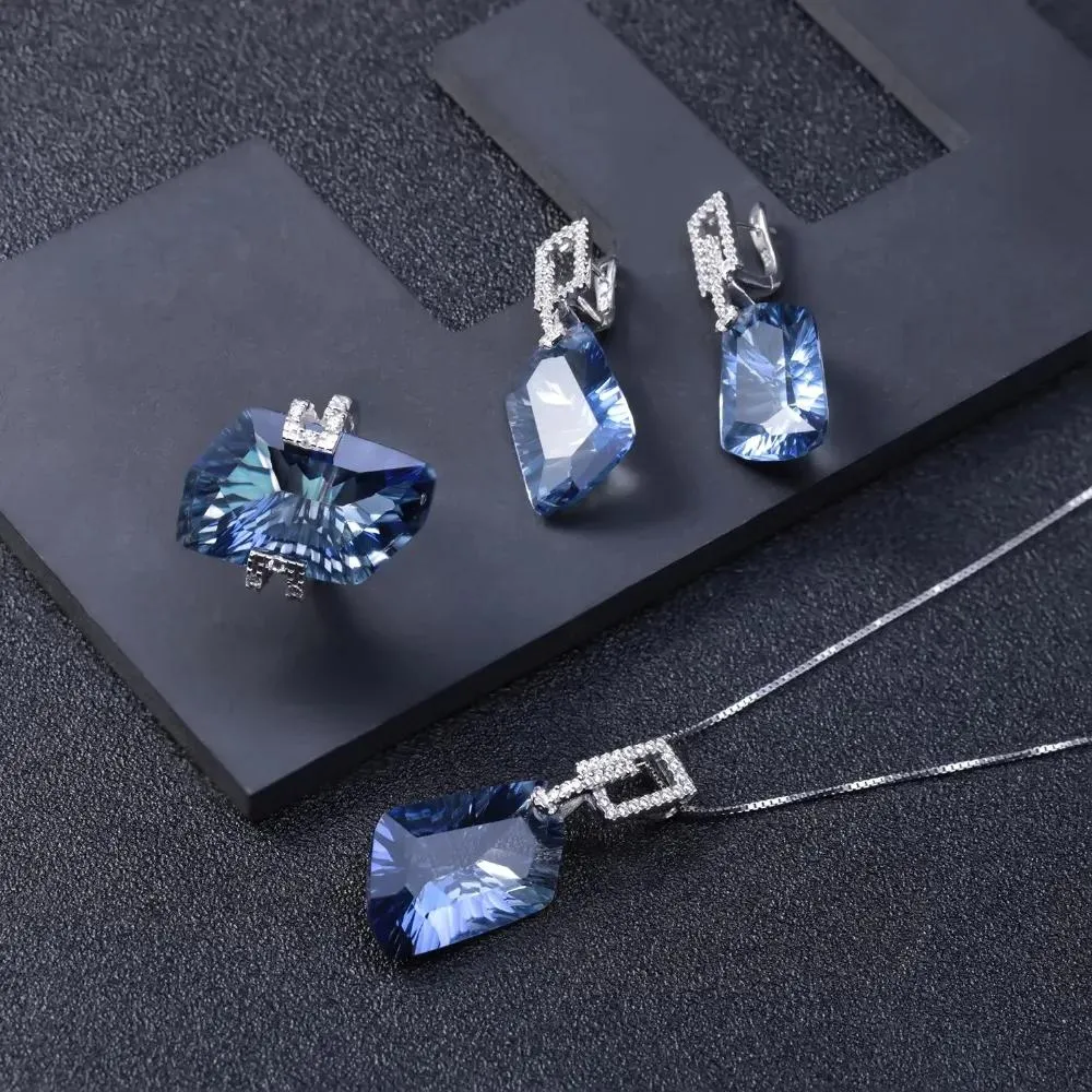 Sets GEM'S BALLET Irregular Natural Iolite Blue Mystic Quartz Geometric Jewelry Sets 925 Sterling Silver Necklace Earrings Ring Set