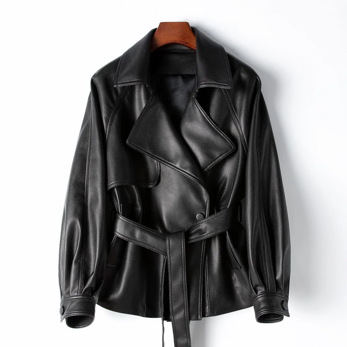 Spring Sheepskin Leather Coat Women's Casual Jacket Belt Shirt Jackets Lapel Blazer Topps S M L Black Outerwear Overcoat