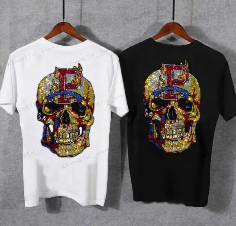 Erkek Tişörtler İki Yan Tasarımcı T-Shirt Rhinestone Pamuklu Erkekler Hip Hop Japon Tasarım Tee Sess T240126