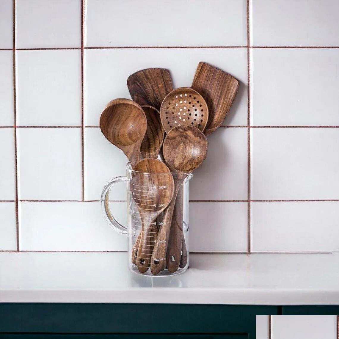 Utensílios de cozinha feitos à mão de madeira natural talheres colher de madeira conjunto de ferramentas de cozinha entrega em casa jardim cozinha, bar de jantar cozinha t ot5pi