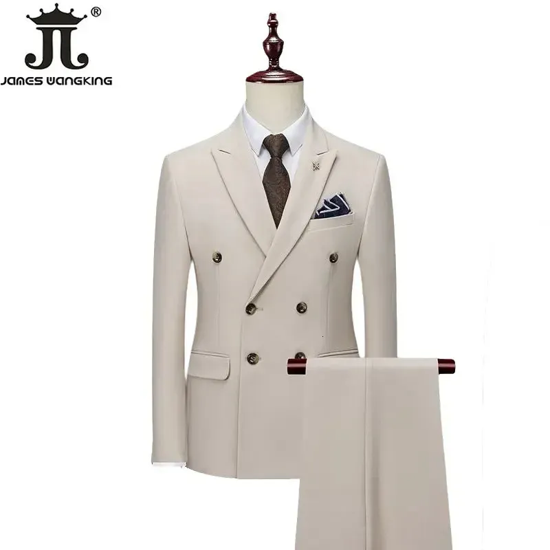 Blazer Pants High End Brand Solid Color Formal Casual Business Office Double Breasted Suit Two-PCS Set Brudgum Wedding Dress Party 240125