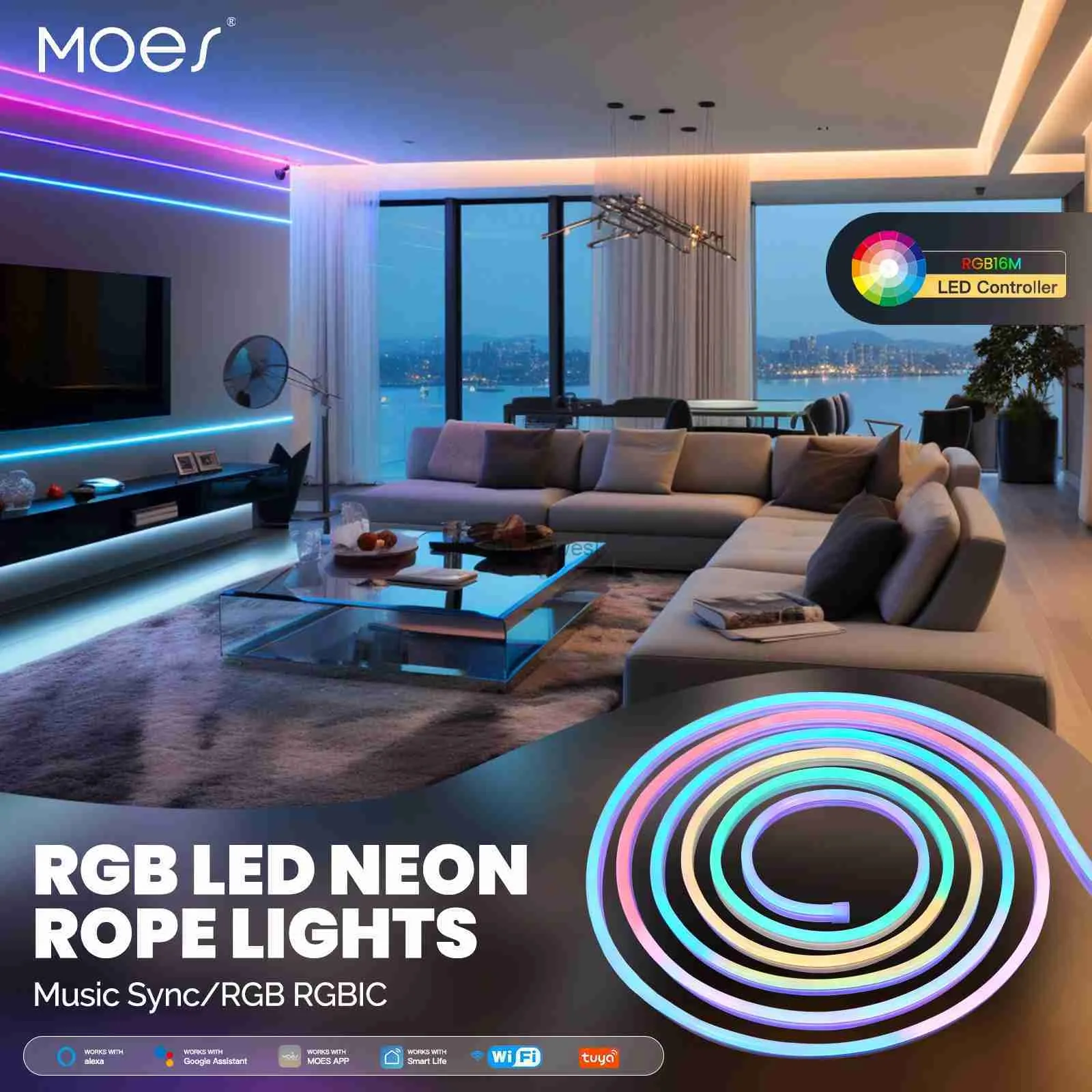 Светодиодная неоновая вывеска MOES Wi-Fi Smart Light Strip 16 миллионов цветов RGB Веревочная лампа для подсветки телевизора Декор вечеринки Работа с Alexa Google Home YQ240126