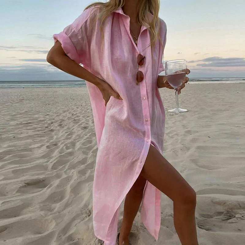 Casual Dresses Cotton Linen Long Shirt Dress For Women 2024 Summer Pure Color Short Sleeve Beach Female Clothing Y2K Vestido Robe