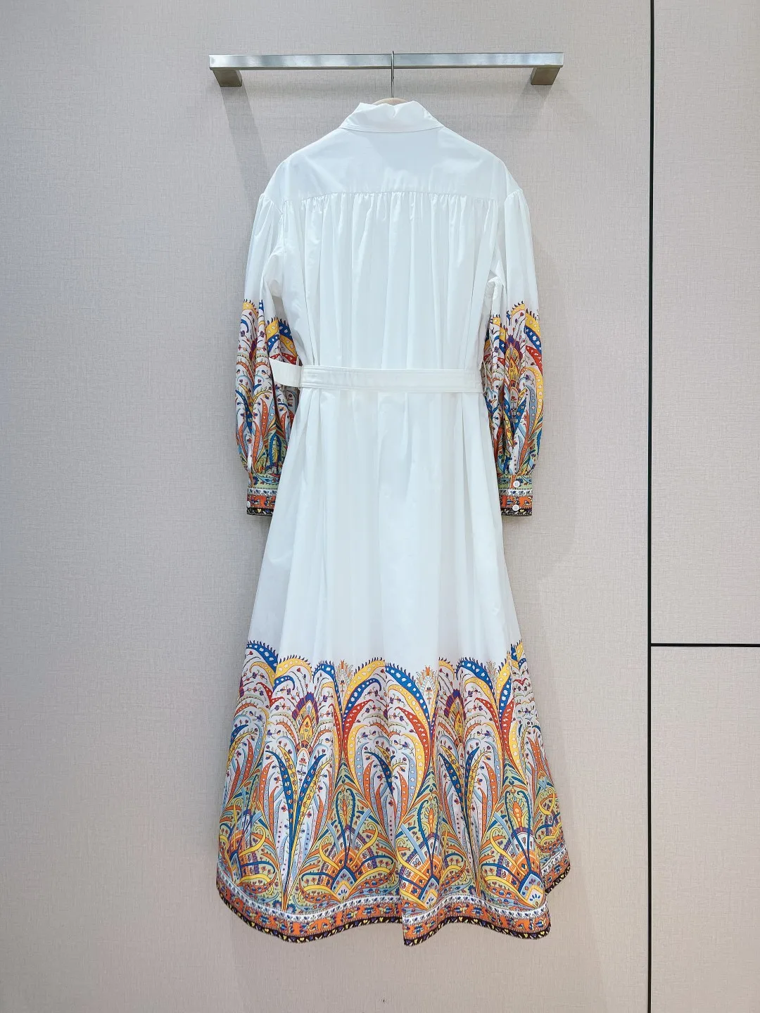 Womens Dress European Fashion brand White Poplin Cotton Colored Paisley Pattern Polo Collar Long sleeved Shirt Dress