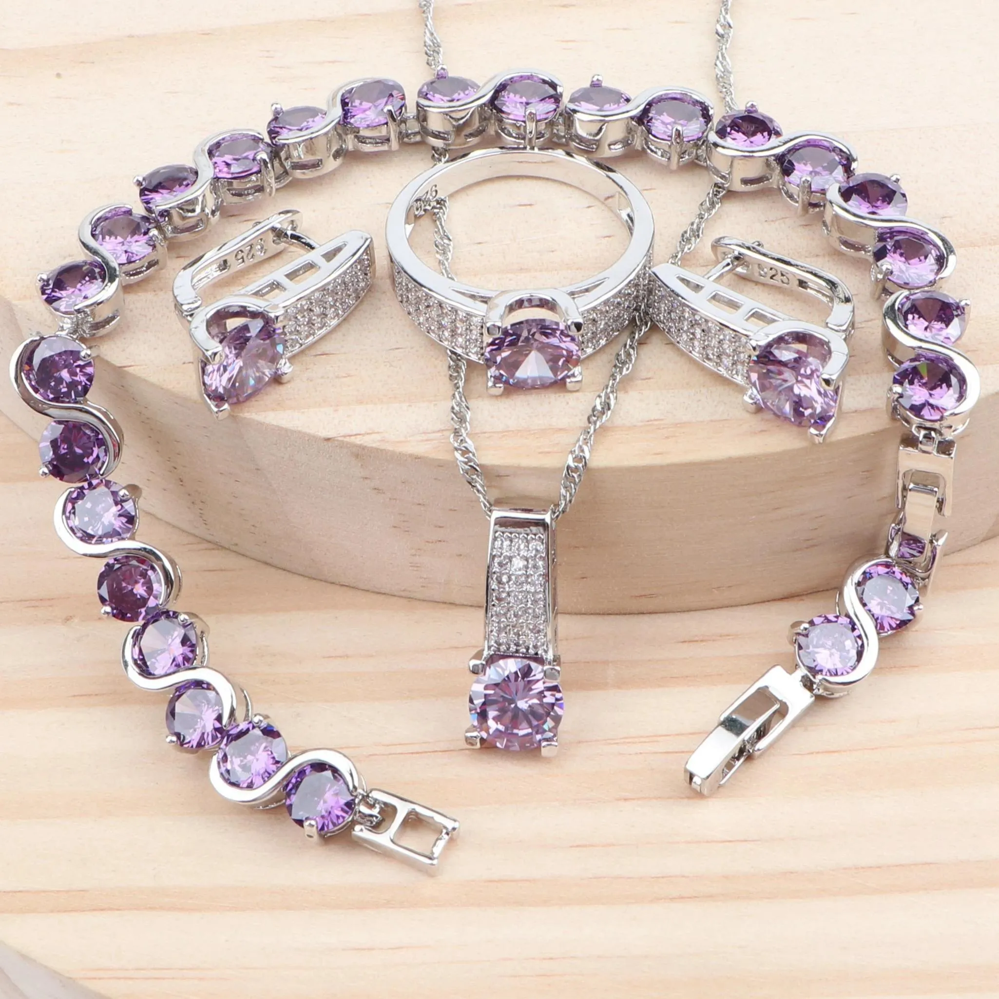 Set Women Luxury Bridal Jewelry Set 925 Silver Purple Cubic Zirconia Wedding Costume Armband Rings Earrings Pendants Necklace Set