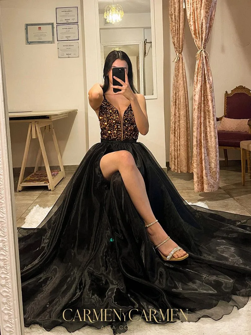 black glitter v neck dress KENDALL Halter Neck Velvet Sequin Gown main image 1