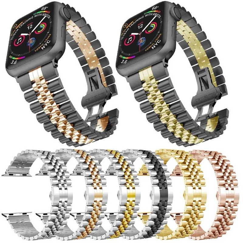 Metallarmband rostfritt stålrem för Apple Watch Series 9 8 7 6 5 4 3 SE -band med adapterkontaktsersättning Arvband iwatch 45/44mm 41/40mm 38mm 42mm Watchband