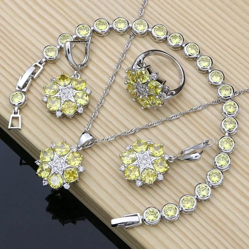 Charme nova moda sterling sier conjuntos de jóias amarelo zircão cristal para mulheres brincos de casamento anéis conjunto dubai druzy jóias