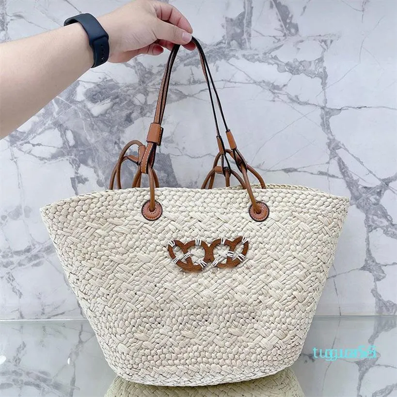 Straw Bag Shoulder Bags Handbags Plain Knitting Crochet Embroidery Open Casual Tote Interior Compartment Two Thin Straps Leather 2247V