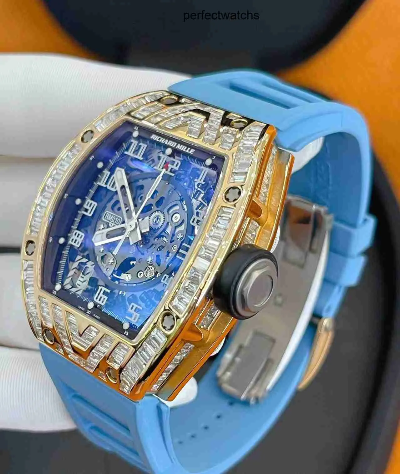 DHgate Richard Mille RM010 Rose Gold Diamond Mens Watch Swiss Chronograph Tsquare Mechanical Wristwatch Watches