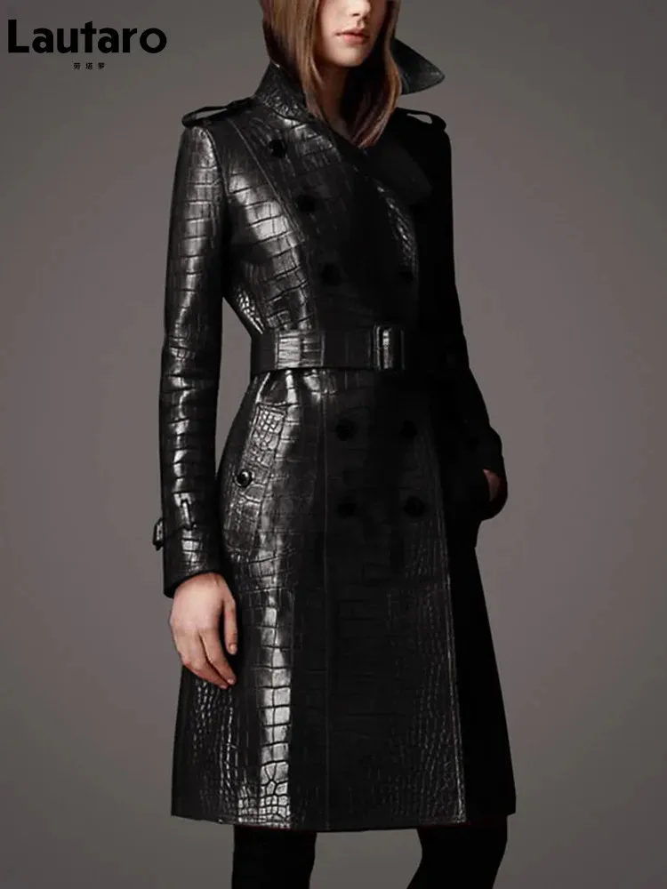 ラウタロ秋の黒いパターンPUレザートレンチコート女性ベルトダブル胸スタイリッシュな英国スタイルファッション240119