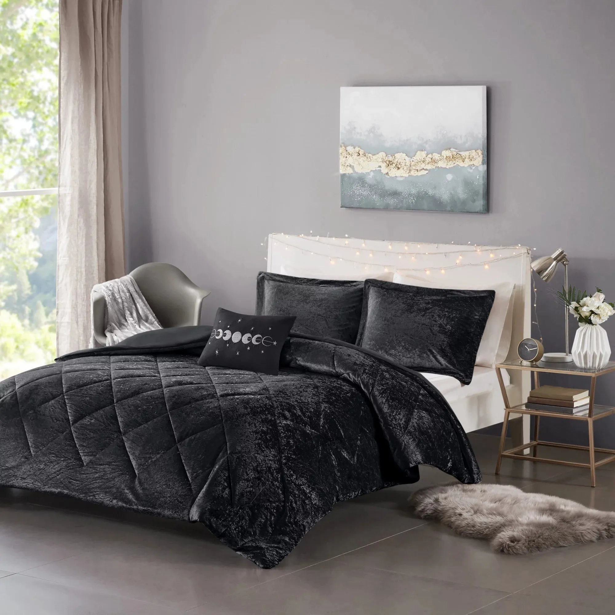 Home Essence Alyssa Diamond Quilted Black Velvet 4 Piece DuvetSet, Full/Queen