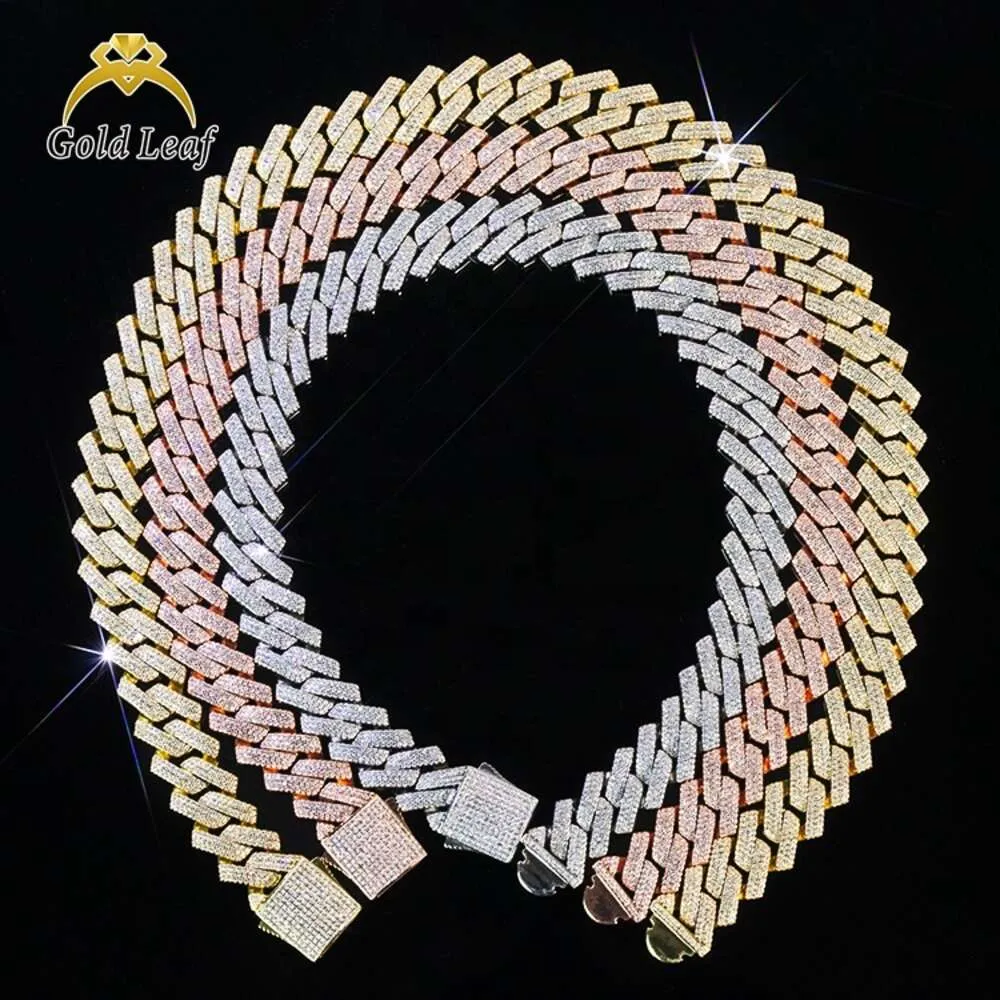 Halsband Moissanite Chain Goldleaf Jewelry Gold Plated Sterling Sier Hip Hop 3 Rows Custom Miami VVS Moissanite 18mm Cuban Link Chain