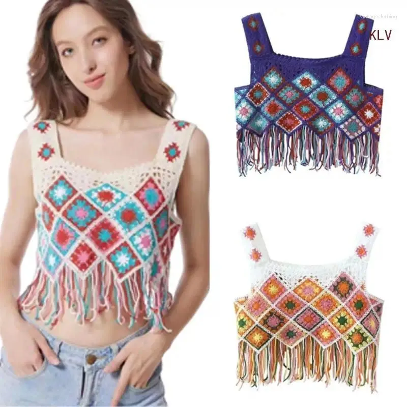 Women's Tanks Women Hollow Out Crochet Knit Square Neck Sleeveless Camisole Vest Bohemian Colorful Geometric Tassels Hem Crop Top