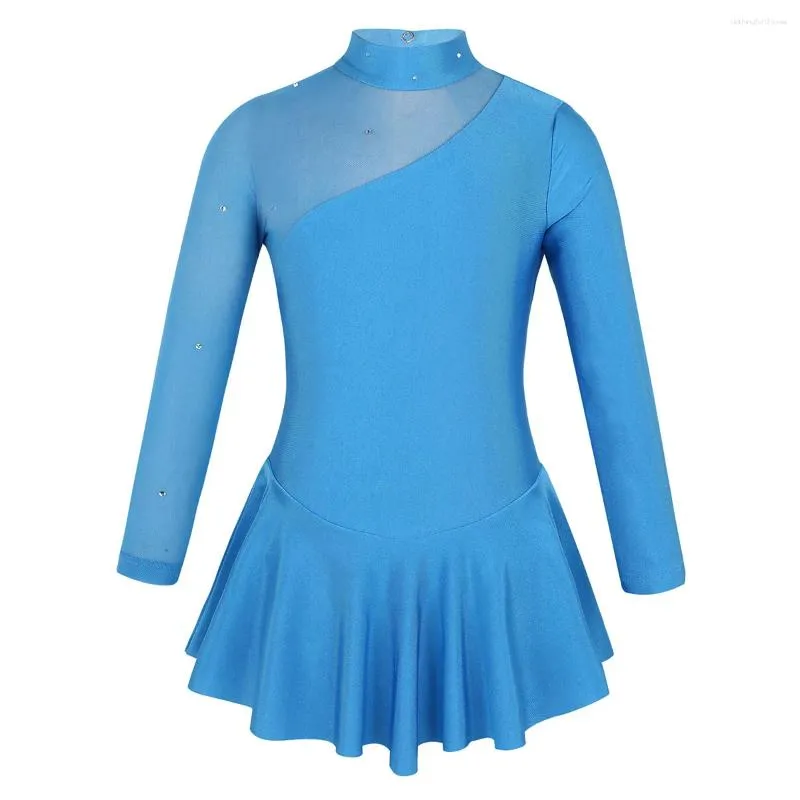 Stadiumkleding MeisjesLange Mouwen Gymnastiek Figuur Schaatsen Jurk Strass Mesh Tule Splice Turnpakje Ballroom Ballet Dans Kleding