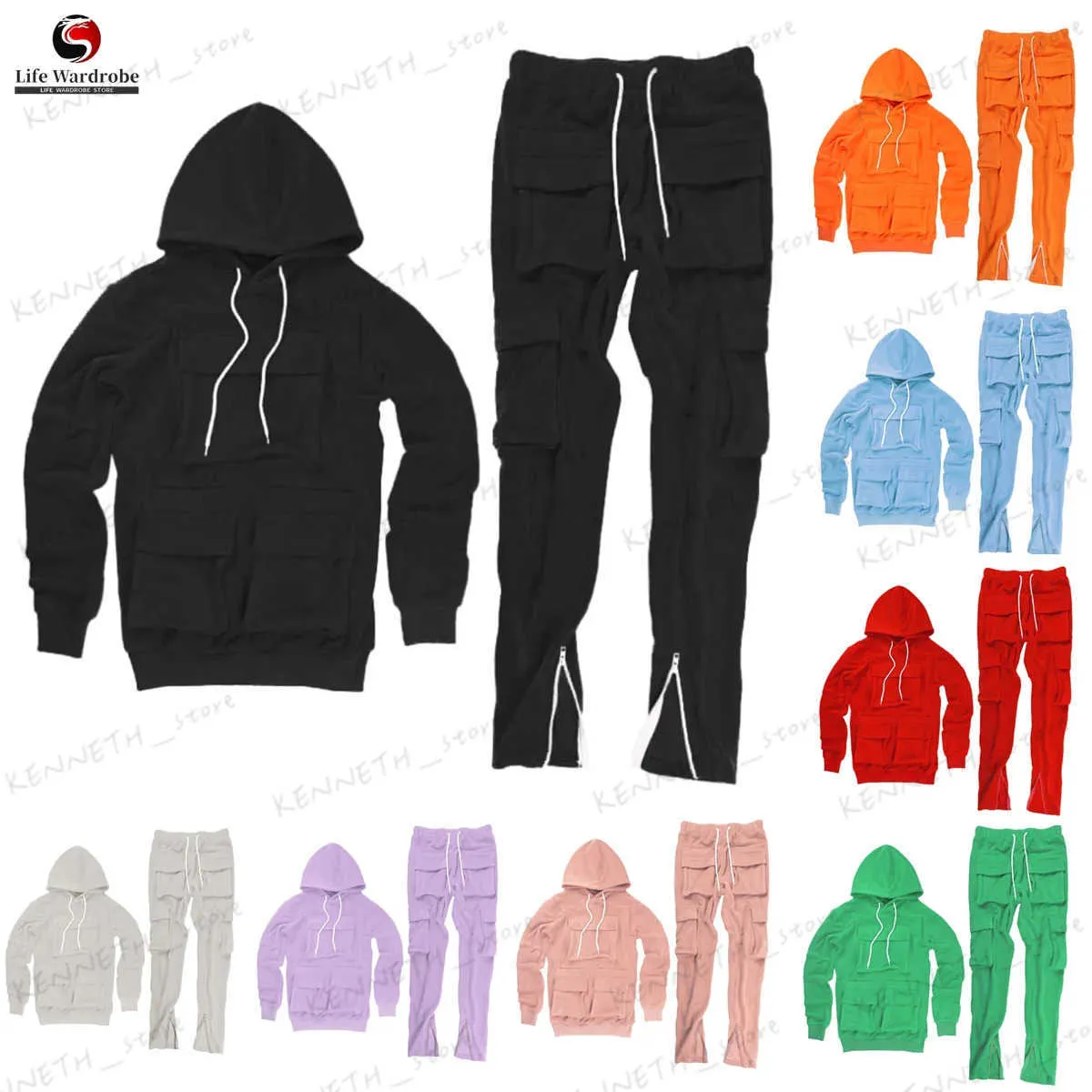 Survêtements pour hommes Hommes Poches épaisses Sweat à capuche Sweat-shirt 2 pièces Ensemble Hommes Cargo Poches Pantalon Survêtement Vente chaude Vêtements d'hiver T240126