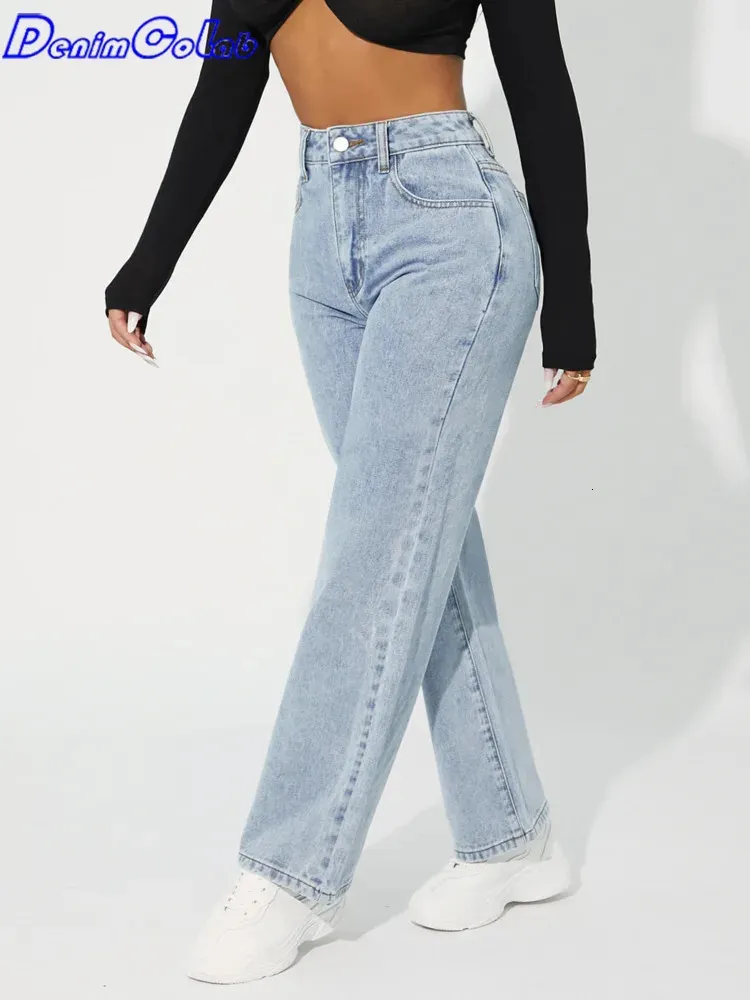 Denimcolab taille haute jambe droite jean femme Style Simple décontracté coton Denim pantalon dames lâche Streetwear 240123