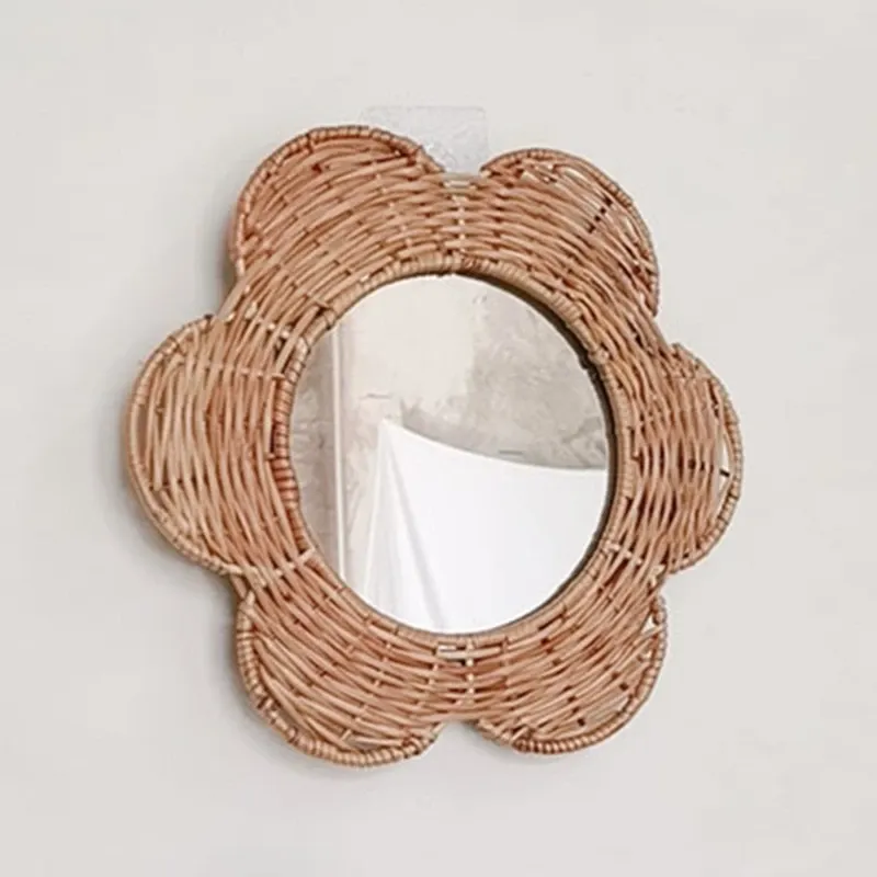 Espelhos estilo nórdico fixado na parede pendurado espelho arte decoração rattan estrela flor quadro vestir banheiro quarto espelhos de maquiagem