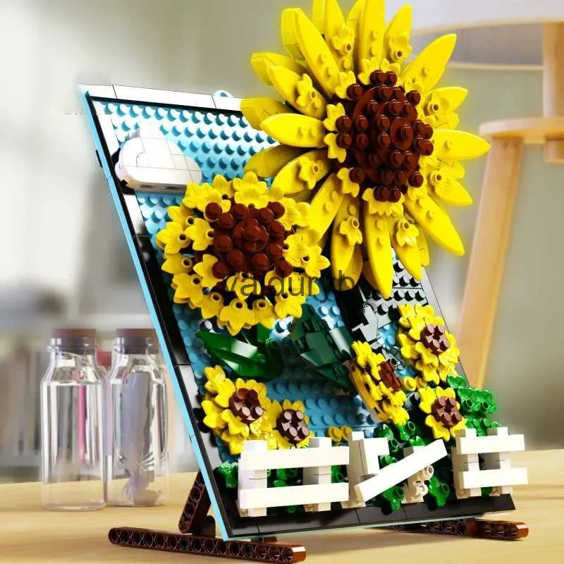 Block konstnärliga byggstenar blommor levande solros ram monterade tegel modell hem dekoration gåvor toysvaiduryb