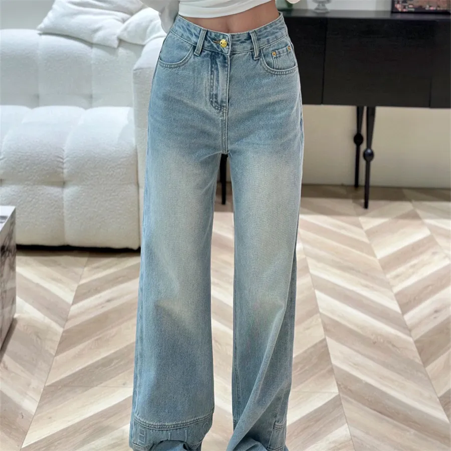 Women's jeans designer classic long pants washed and ground white high waisted loose casual letter embossed early spring style