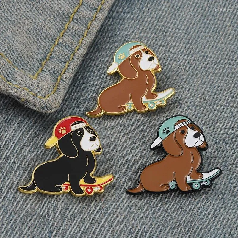 Broches de desenho animado animal esmalte pino fofo hip hop filhote de cachorro skate vestindo chapéu broche de metal legal crianças mochila jeans moda joias presente