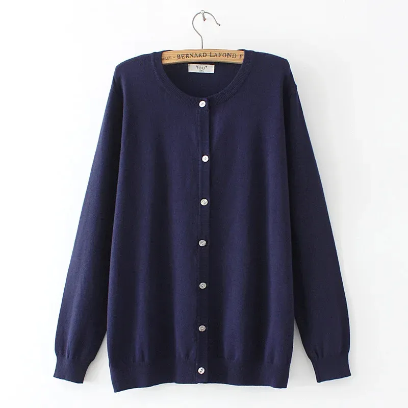 Automne hiver grande taille Cardigan pull femme mode bleu marine couleur unie col rond manches longues tricoté pulls fins 240122