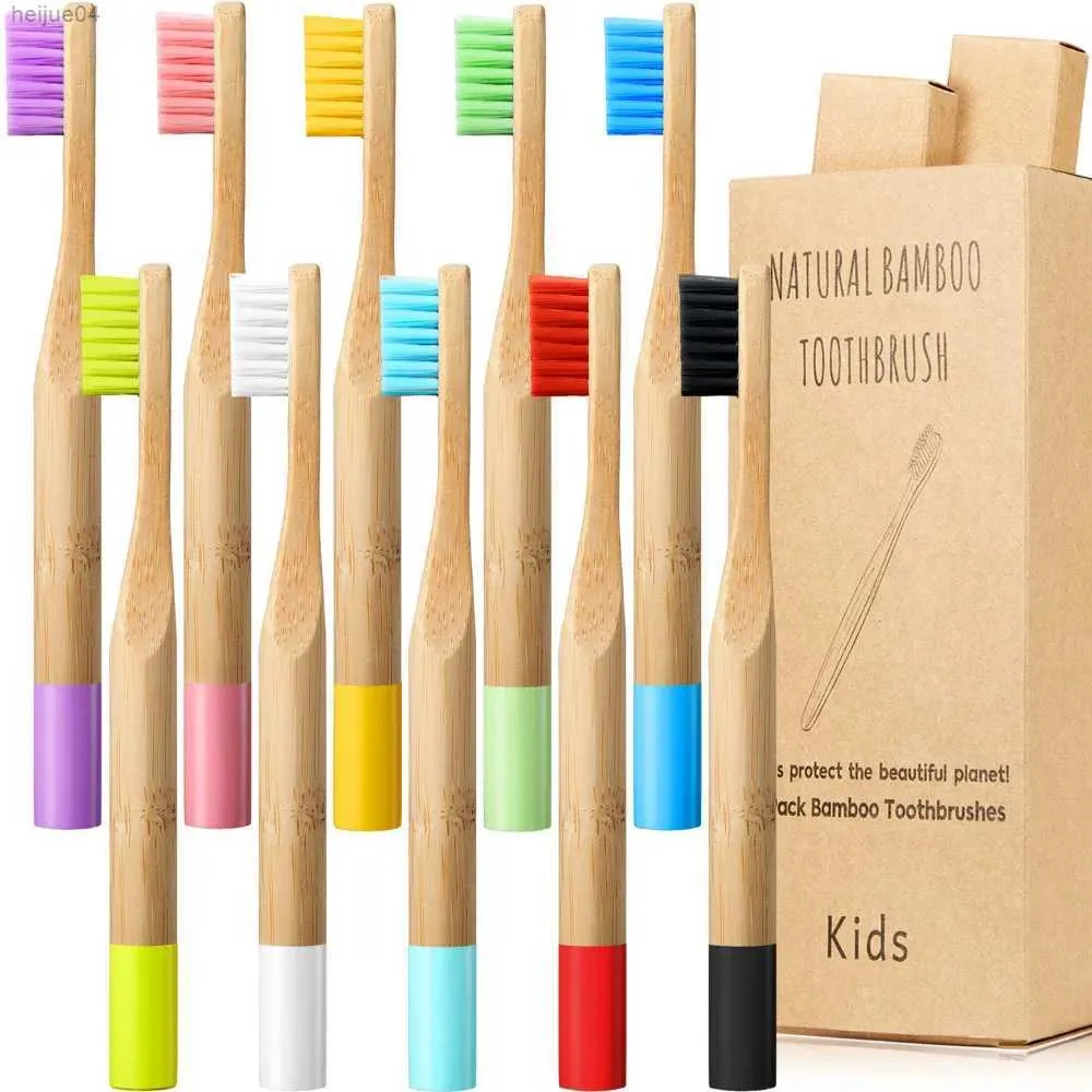 Escova de dentes 10 peças, escova de dentes de bambu natural, escova de dentes cilíndrica de madeira para crianças, escova de dentes orgânica sem bpa