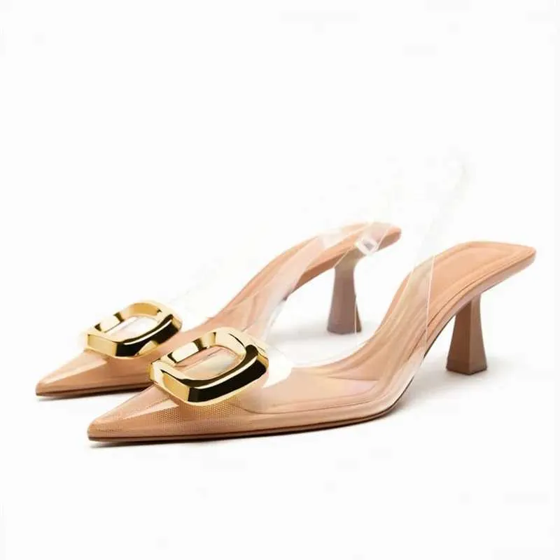 Sandals TRAF Fashion Pointed High-heels Woman Sandals 2023 Summer Gold Decoration Slingback Woman Pumps Transparent PVC Sexy Woman Shoes J240126