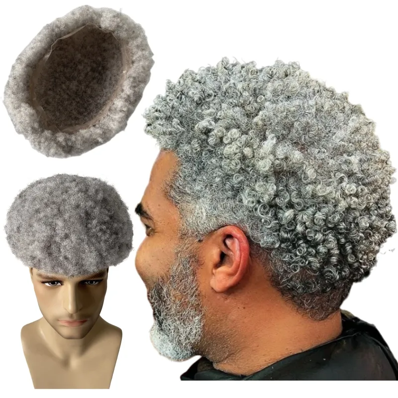 Systèmes de cheveux humains vierges malaisiens # 1B80 4 mm Root Root Afro Grey Toupee 8x10 Full Swiss Lace Unit for Black Men