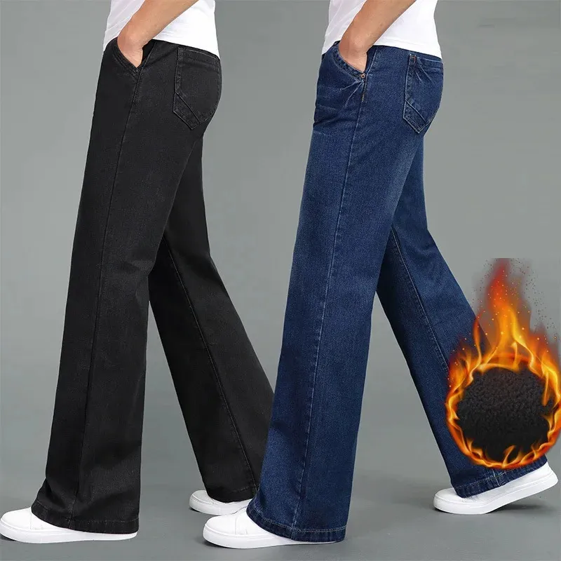 High Quality Men Winter Warm Fleece Wide Leg Jeans Business Casual Flare Pants Mid Waist Velvet Trousers 240123