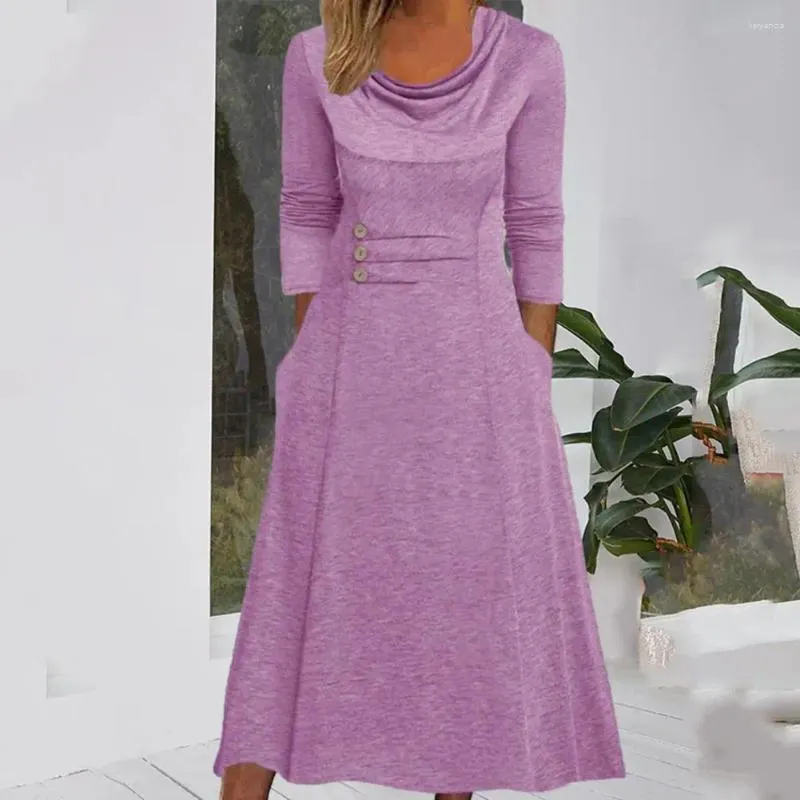 Casual Dresses Ladies Flowy Dress Elegant Ladies' Long With Pockets Round Neck Sleeves Tight Waist Loose Hem For Autumn