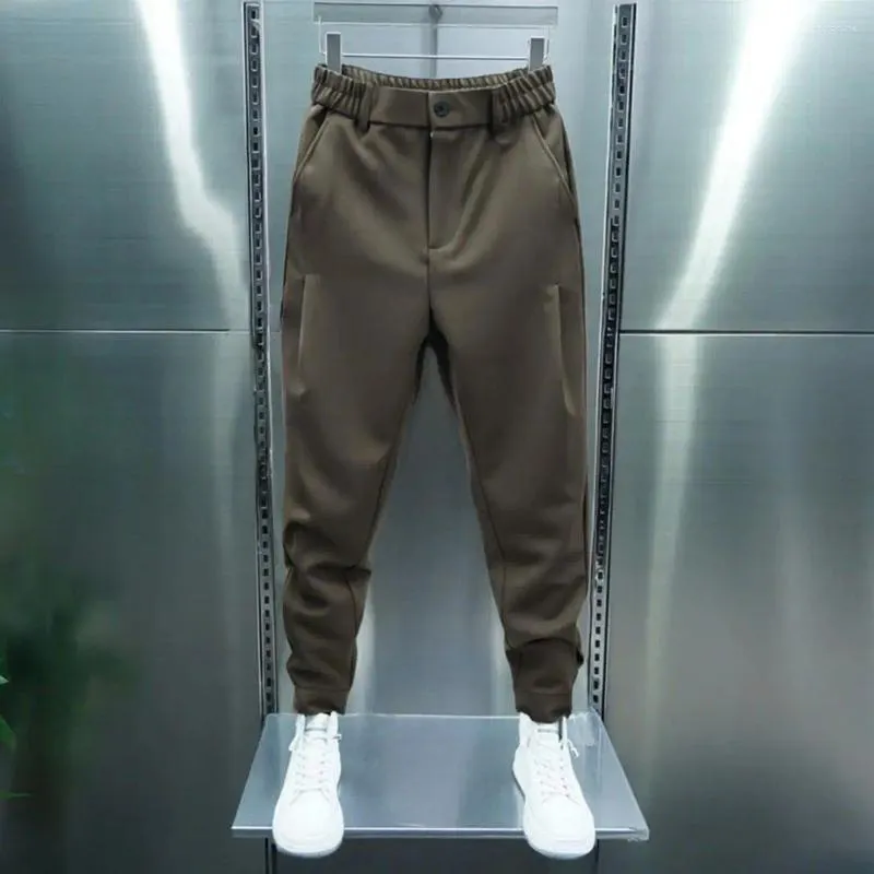 Мужские брюки, мужские повседневные эластичные пуговицы на талии, длинные карманы, однотонные застежки на манжетах с лентой, теннисные брюки в спортивном стиле