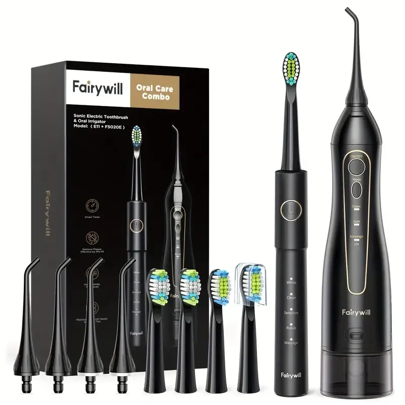 Ensemble hydropulseur et brosse à dents Fairywill, 5 modes et 4 brosses à dents, 3 modes et 4 embouts à jet, irrigateur oral pour les soins des appareils dentaires et des ponts