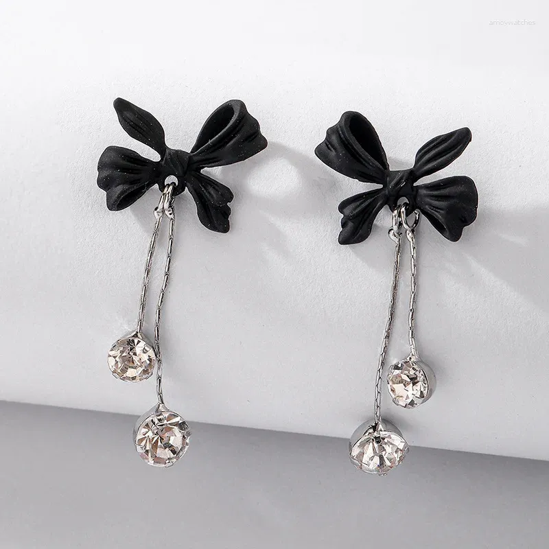 Dangle Earrings European And American Women's Black Bow Rhinestone Tassel Ins