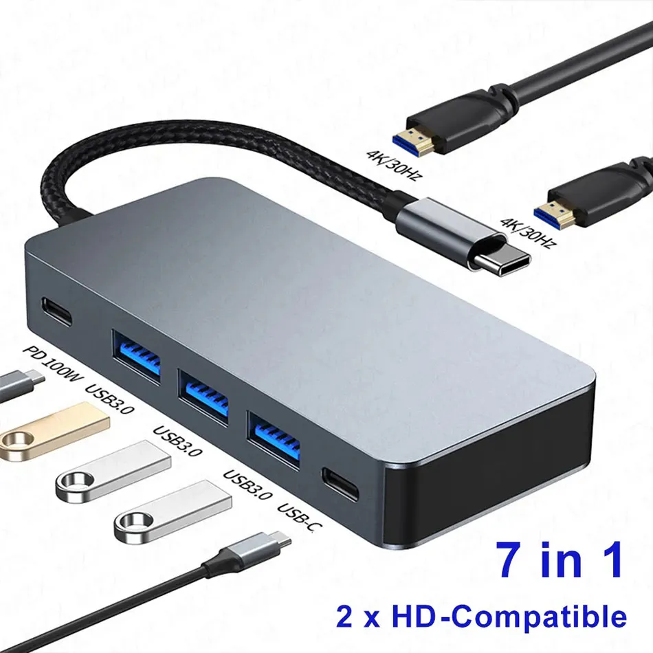 7-in-1-USB-Hub Typ C-Splitter zur USB3.0-Erweiterung HDTV 4K 30 Hz PD100W Dockingstation-Konzentrator