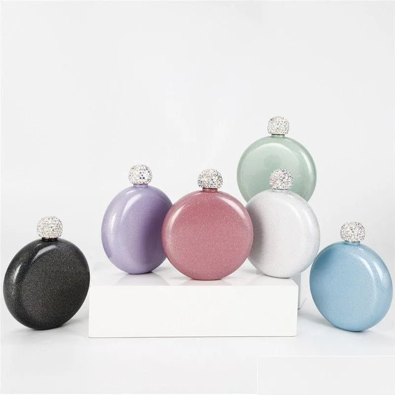 Höftkolvar Portable Round Mini Hip Flask 304 Rostfritt stål Vin Kettle Crystal er Colorf Ladies Flagon Glitter Drop Delivery Home GA DHJUS