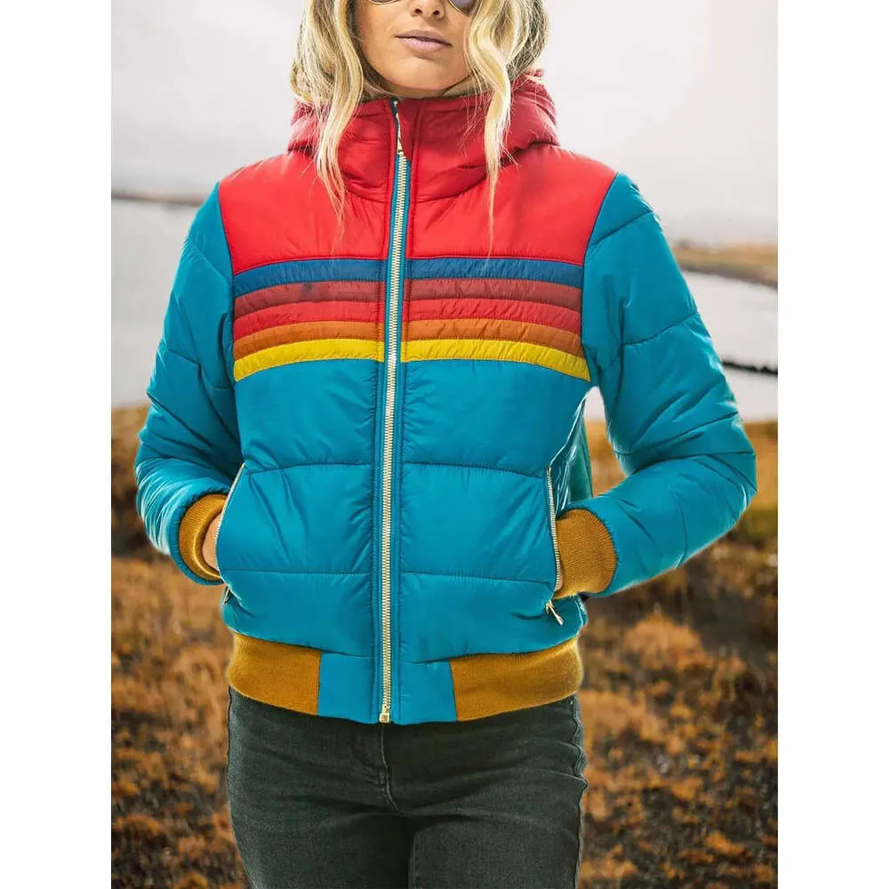 Chaquetas de mujer Donsignet Mujeres Down Coat Casual Rainbow Fashion Zip-Up Rayado Talla grande Sombrero 52