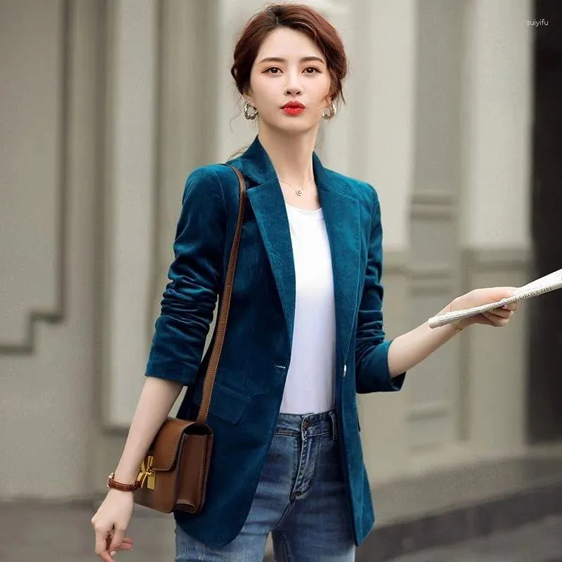 بدلات نسائية S-4XL Women Blazer Jacket Corduroy Slim Spring Autumn Office Office بالإضافة إلى حجم الأسود الكاكي الأزرق