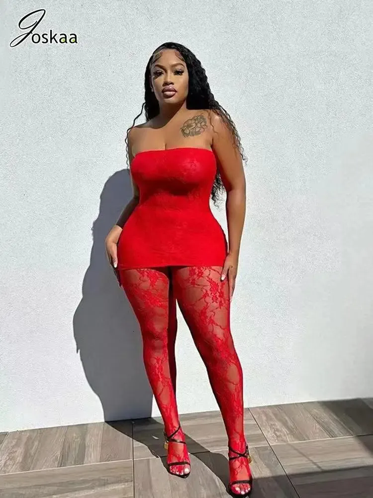 Joskaa tenue de saint valentin pour femmes noir rouge dentelle Baddie 2 pièces ensembles tenues année Sexy Leggings Club fête 240123