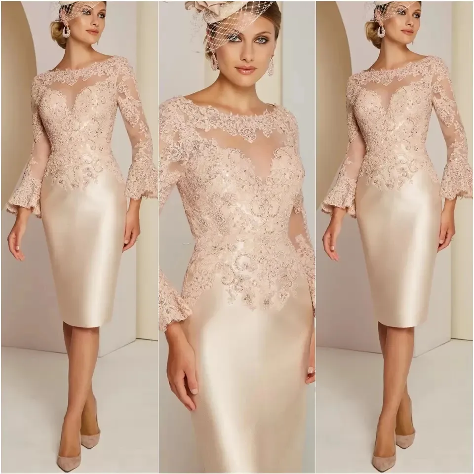 Sheath Knee Length Elegant Mother of the Bride Dresses Long Sleeves Lace Appliques Beaded Short Pink Wedding Guest Dress for Women 2024 Groom Mom Evening Formal