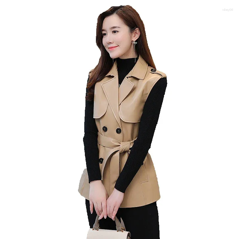 Veste en cuir de mouton pour femmes, longue et à la mode, sans manches, à lacets, coupe cintrée, gilet polyvalent