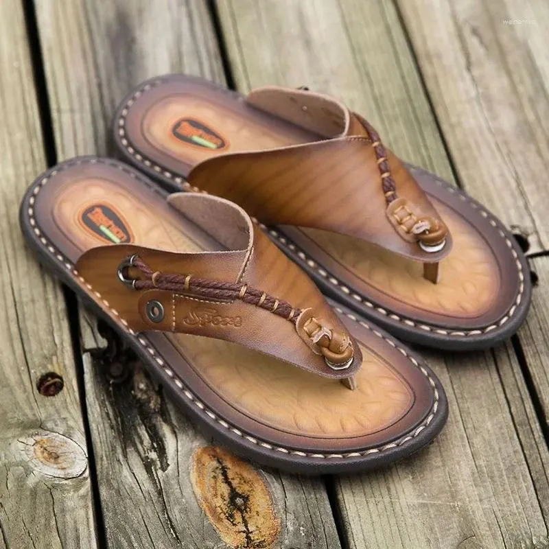 Pantofole Infradito estive da uomo in pelle fatte a mano alla moda alla moda per esterni, traspiranti, comode da uomo e sandali semplici