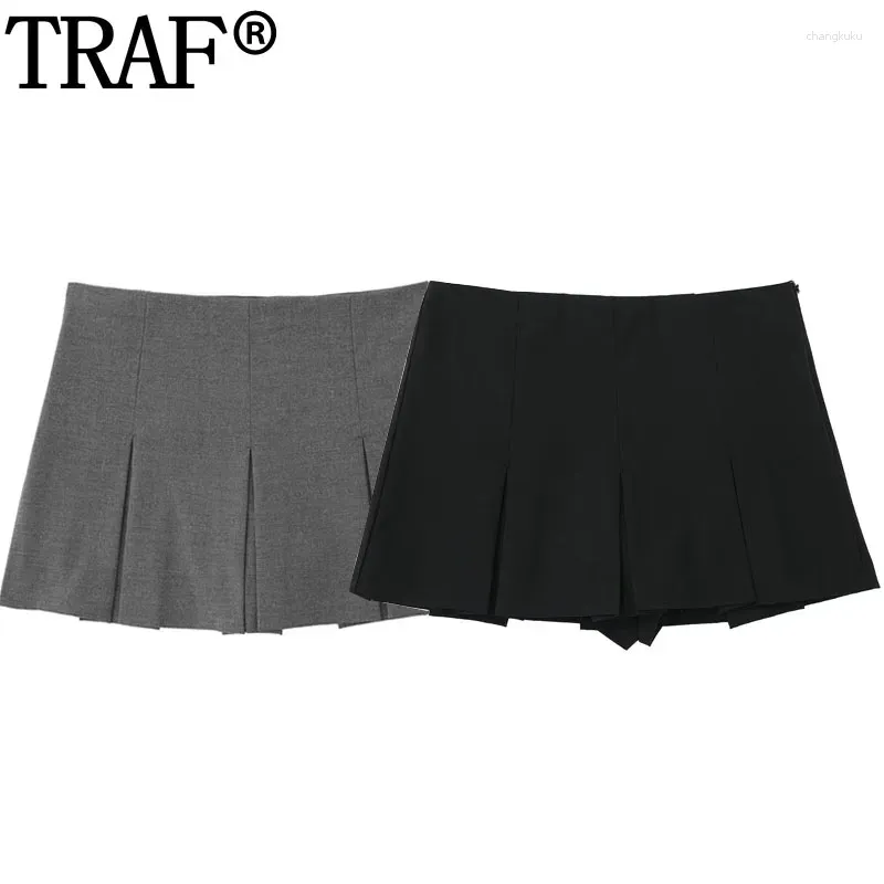 Saias plissadas mini saia calças mulher moda cinza preto curto cintura alta mulheres skort primavera casual para mulheres