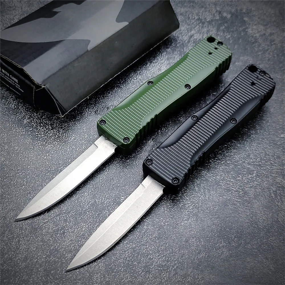 High Quality BM 4850-1 Om AUTO Folding Knife 440C Satin Clip Point Blade Zinc Alloy Handle Automatic Knife Outdoor Tactical Defense Camping Tool for Gift Knife 3300 535