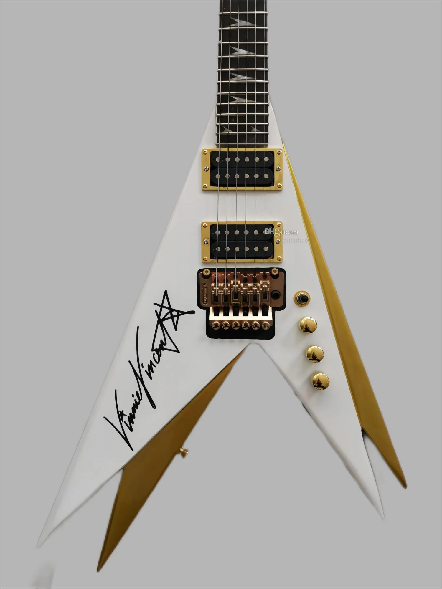 Nadir çift V Kiss Vinnie Vincent Pearl Beyaz Altın U Uçma V Elektro Gitar Floyd Rose Tremolo Kuyruk Yayını, Kilitleme Somun, Altın Donanım