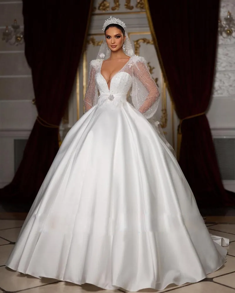 Wunderschönes, mit Perlen verziertes A-Linie-Hochzeitskleid mit V-Ausschnitt und Puffärmeln, Brautkleid mit Federtaille, Prinzessin, arabisches Dubai-Hochzeitskleid