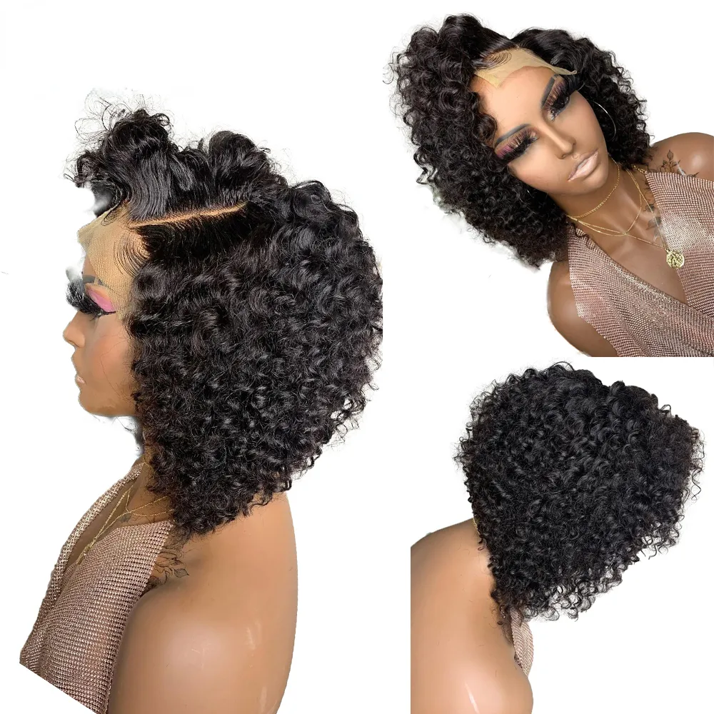 Brazilian Deep Kinky Curly 13x4 Lace Frontal Wigs for Women Short Curly Bob Wig Synthetic Pre Plucked Invisible Lace