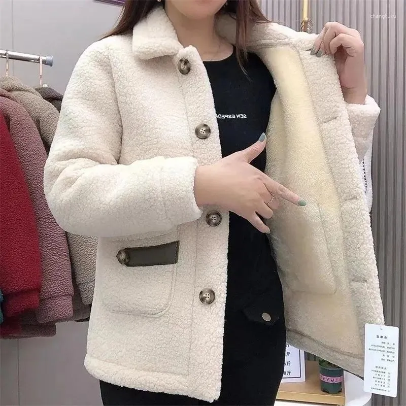 Casacos de trincheira femininos 2024 inverno imitação lambswool jaqueta acolchoada engrossar cor sólida bolso mãe casaco de pele feminino parkas